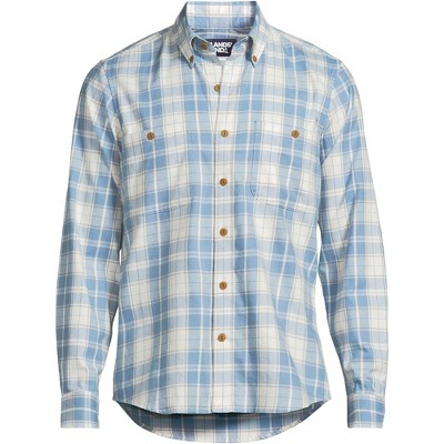 Large Blue and Ivory Plaid Cotton Blend Flannel Button-Up Shirt