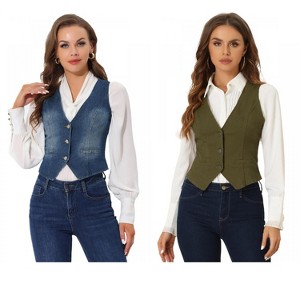 INSPIRE CHIC Women's Denim Sleeveless V Neck Button Down Casual Waistcoat Vest 2 Packs - 1 of 4