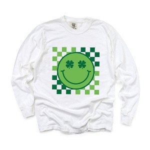 Simply Sage Market Women's Clover Eyes Smiley Long Sleeve Garment Dyed Tee - 1 of 4