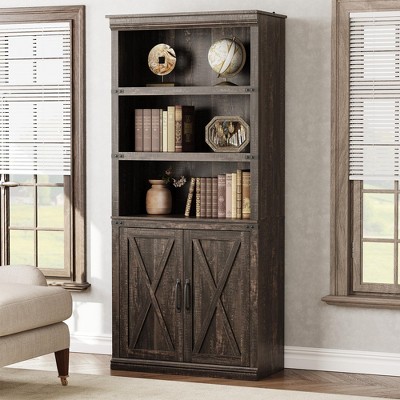 Farmhouse Book Case with Doors, 5 Tier Book Shelf with Cabinet, Wood 5 Shelf Book Case