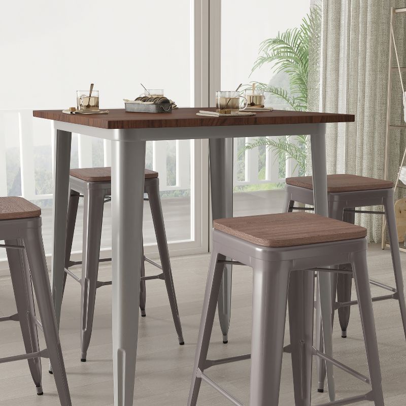Merrick Lane Set of 4 30 Inch Tall Clear Coated Gray Metal Bar Counter Stool With Textured Walnut Elm Wood Seat, 5 of 13