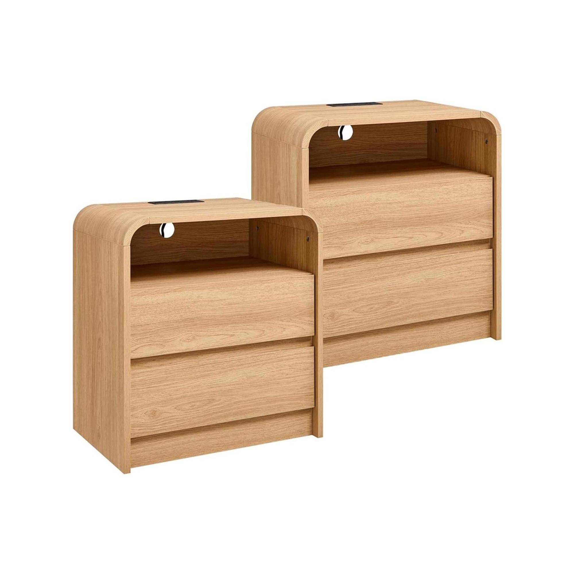 SinCiDo Set of 2 Nightstands, 25" Tall Modern Wood Bedside Table w/2 Drawers & Charging Station, Curved Profile, for Bedroom, Living Room, Natural