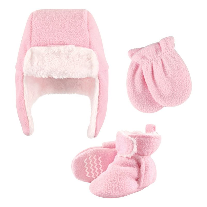 Hudson Baby Infant Girl Trapper Hat, Mitten and Bootie Set, Light Pink, 1 of 8