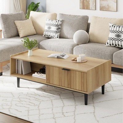 Garvee Industrial Coffee Table Natural Wood Coffee Table 2 Tier Cocktail Table with Drawer