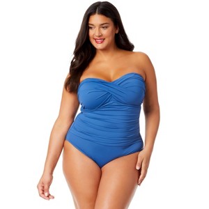Women's Plus Live In Color Twist Front Shirred One Piece Swimsuit - 1 of 4