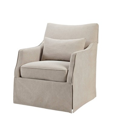 Beige Transitional Skirted Swivel Chair with Lumbar Pillow