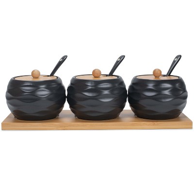Nat & Jules Round Black 9 ounce Stoneware Spice Container and Tray Set