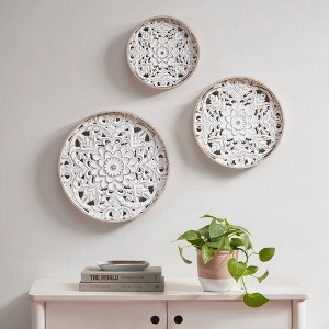 3pc Medallion Trio Wood Wall Decor Set Panel Natural/White - Madison Park: Carved Floral, Vintage Look - 1 of 4