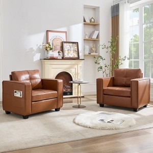 TYBOATLE Faux Leather Tufted Single Sofa set of 2, Modern Office Reading Chair, Upholstered Armchair with Wood Legs for Reading/Living Room, Brown - 1 of 4