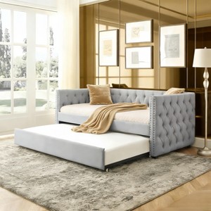 85" Daybed with Trundle Upholstered Tufted Sofa Bed Button Tuft Square Arms Copper Nailhead Twin Size - 1 of 4