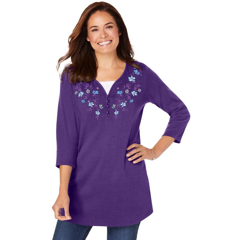 Woman Within Women's Plus Size 7-Day Layered-Look Embroidered Henley Tunic, 1 of 3