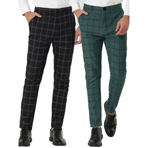 Lars Amadeus Men's Slim Fit Flat Front Zipper Closure Business Checked Dress Pants 2 Packs - 1 of 4