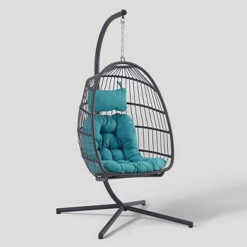 Toluca Hanging Outdoor Boho Egg Chair with Cushion – Gray/Teal – Saracina Home 