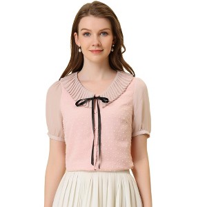 INSPIRE CHIC Women's Casual Bow Tie Pleated Neckline Swiss Dots Short Sleeve Blouse - 1 of 4