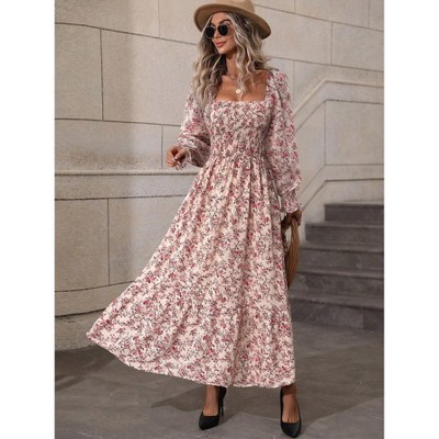 Women's Dress Square Neck Smocked Floral Print Long Sleeve Midi Dress