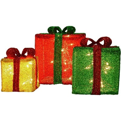 Candy Cane Lane 8/10/12 Inch Set Of Three Red, Gold, Green With Red Or Green Bow Presents Outdoor Led Décor, Nested