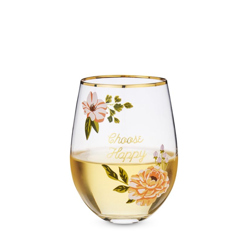 Twine Choose Happy Stemless Wine Glass, Perfect for Red or White Wine, Floral Glassware Gift with Gold Rim, 16 Oz, Set of 1, 2 of 3