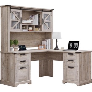 SinCiDo 60" Farmhouse L Shaped Office Desk w/ Hutch, Wood Home Office Executive Desk w/ Drawer & Charging Ports, Storage Cabinet - 1 of 4