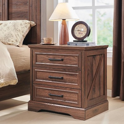 SinCiDo 24" Wide Farmhouse Nightstand with Charging Station & 3 Drawers & Handles, End Table for Bedroom, Living Room