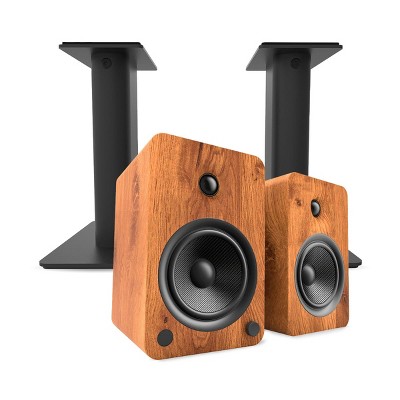 Kanto YU6 Powered Bookshelf Speakers with Bluetooth (Walnut) with SP9 Desktop Stands (Black)