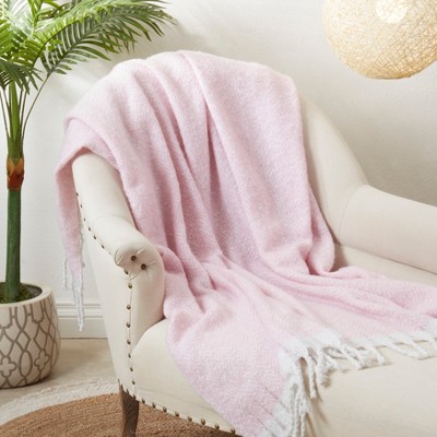 Pink Faux Mohair Herringbone Fringed Throw Blanket