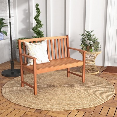 Natural Eucalyptus Wood 2-Seat Outdoor Patio Bench with Armrests