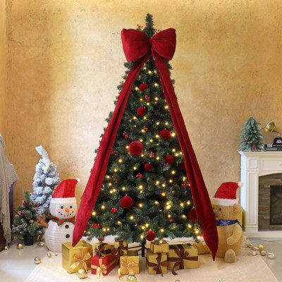 7.5 FT Lighted Artificial Christmas Tree with with Giant Bowknot and Red Ball Ornaments