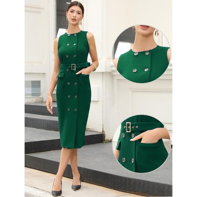 Женские платья INSPIRE CHIC Women's Double Breasted Sleeveless Business Crew Formal Belted Pencil Dress Medium Green — фото 2