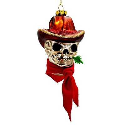 Vintage Ol Western Cowboy Skull Glass Ornament, Gothic Skeleton Wild West Tree Decor