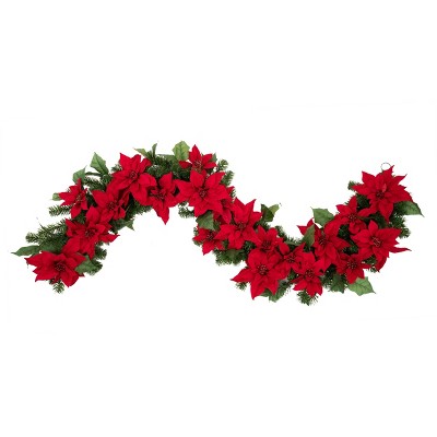6ft Pre-Lit LED Poinsettia Artificial Garland - Haute Décor: Indoor/Outdoor Use, 50 Warm White Lights, Timer