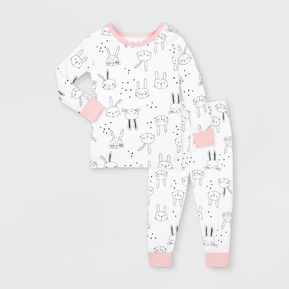 white long sleeve pajama with bunny print and pink ribbing