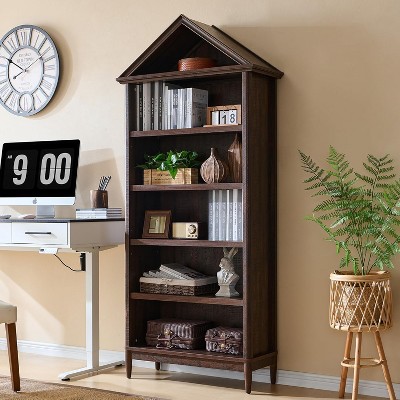 Bookshelf with Adjustable Shelves, 75.9" Tall Wide Bookshelf with Storage, 5 Tiers Open Shelves Bookcase with Triangular Top, Brown