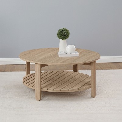 35.5" Engineered Wood Round Coffee Table with Slatted Lower Shelf for Extra Storage, Perfect for Rustic Living Rooms