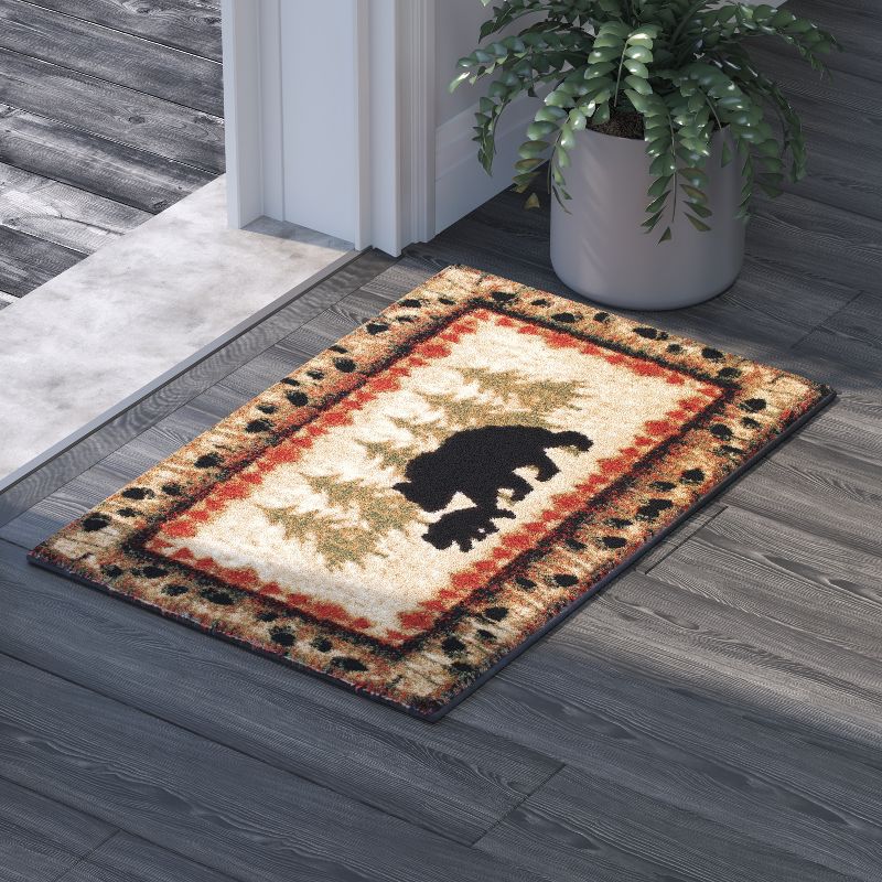 Emma and Oliver Cabin Theme Accent Rug with Bear and Cub Design with Trees in Background and Bear Track Patterned Edges, 2 of 7