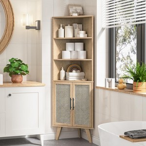 Corner Storage Cabinet with Rattan Doors & Adjustable Shelves, Natural Oak - 1 of 4