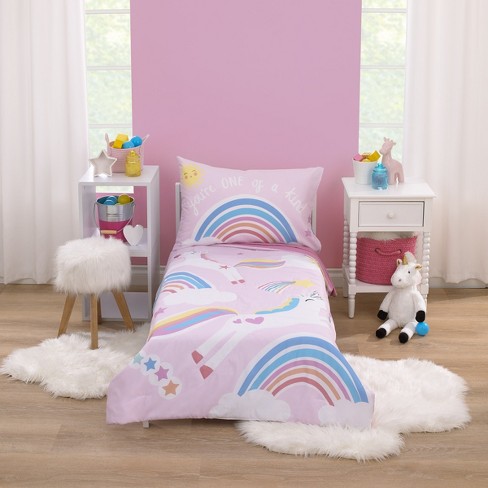 Everything Kids Unicorn Pink, Blue, Yellow, and White Rainbows You're One  of a Kind 4 Piece Toddler Bed Set