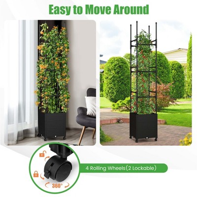 Black Metal Raised Garden Bed with Trellis and Wheels