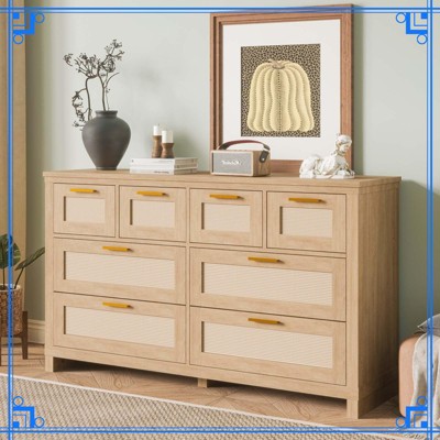 8-Drawer Rattan Dresser, Boho Modern Wood Storage Chest with Ample Space for Bedroom, Living Room, Entryway, Natural