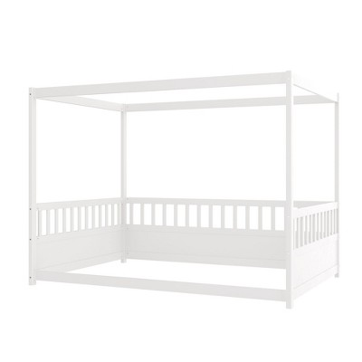 AZL1 Life Concept Beds Full Size Canopy Bed Frame with Safety Rails Four Poster Design Floor Bed for Kids Boys Girls, White, 76.97"*56.89"*58.27"