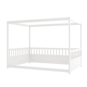 AZL1 Life Concept Beds Full Size Canopy Bed Frame with Safety Rails Four Poster Design Floor Bed for Kids Boys Girls, White, 76.97"*56.89"*58.27" - 1 of 4