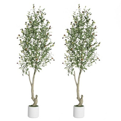 Tall Faux Olive Tree，5ft（60in） Tall Faux Olive Tree with White Planter and Green Fake Moss, 1 Pack