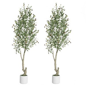 Tall Faux Olive Tree，5ft（60in） Tall Faux Olive Tree with White Planter and Green Fake Moss, 1 Pack - 1 of 4