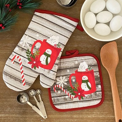 Jolly Holiday Cocoa and Candy Cane Holiday Oven Mitt and Pot Holder Gift - Set of 2, 100% Cotton - Elrene Home Fashions