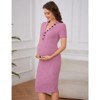 Coolmee Women Maternity Lapel V Neck Ribbed Knit Button Short Sleeve Bodycon Midi Wrap Sweater Dress - 2 of 4