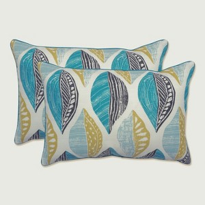 Set of 2 Leaf Block Outdoor/Indoor Oversized Rectangular Throw Pillows Teal/Citron - Pillow Perfect: Weather & Fade-Resistant, Abstract Design - 1 of 4