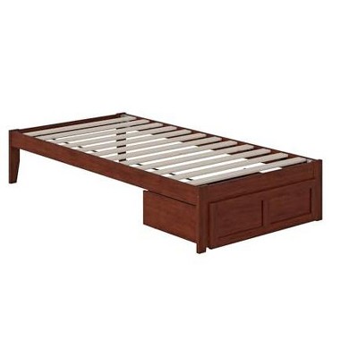 Walnut Twin Wood Frame Bed with Foot Drawer and USB Charger