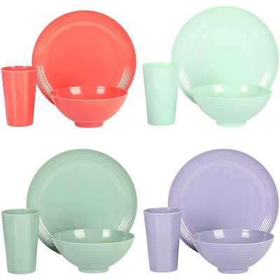 Zelly 12-Piece Assorted Color Melamine Dinnerware Set, Service for 4