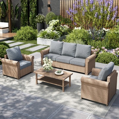 Captiva Designs Luxury Wicker Patio Conversation Sofa Set with Curved Armrests with Cushions