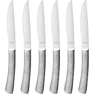 Amefa Bongo Steak Knives, Set of 6, Premium Hardened Stainless Steel, Hammered Ergonomic Handle Design, Micro Serrated Edge 4 Inch Blade Steak Knife