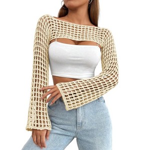 Coolmee Women's Crochet Crop Tops Shrugs Hollow Out CrewneckSweater Knit Long Sleeve Cropped Clothes - 1 of 3